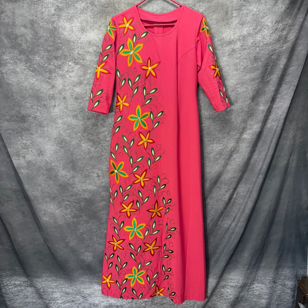 Floral Embroidered Maxi Dress Size M Pink Floral Bohemian Pakistani Modest